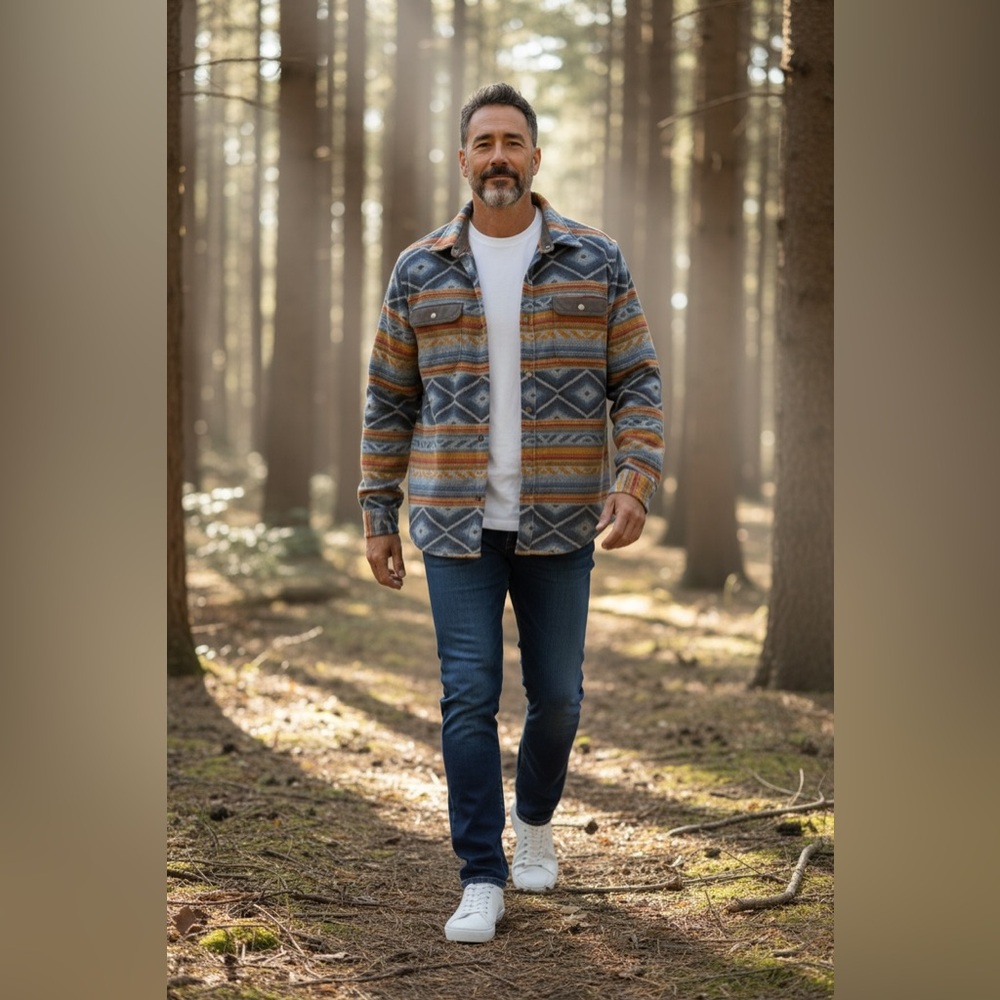 Men's Blue and Orange Patterned Snap Fleece Shirt Jacket